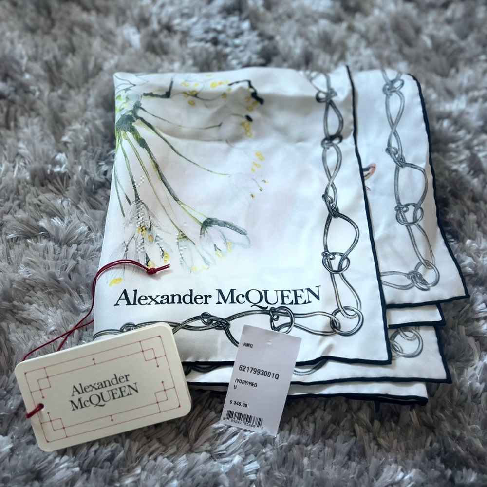 Alexander McQueen White Scarf with Skull and Floral Design